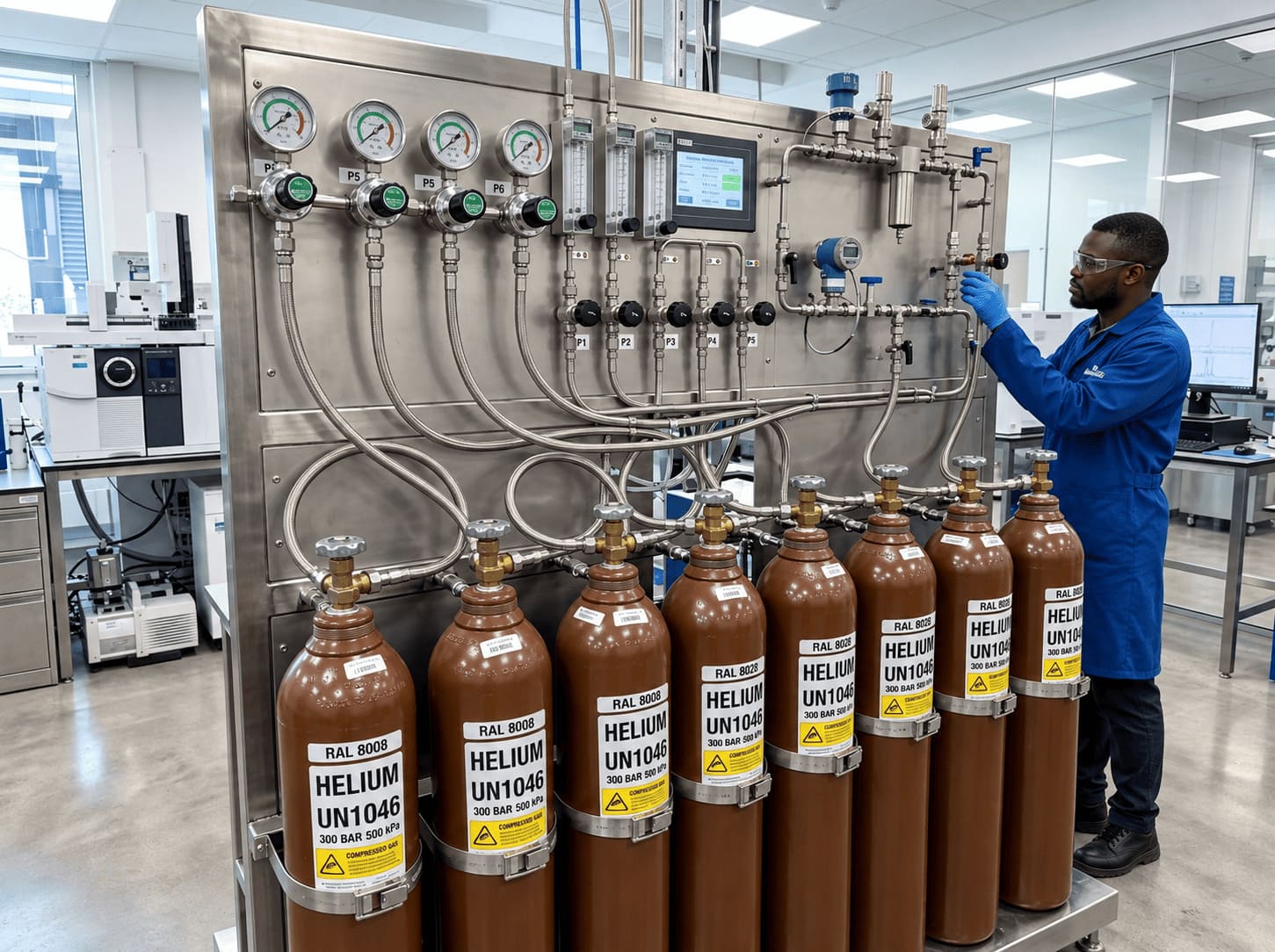 High Purity Helium Gas Cylinders in Research Facility